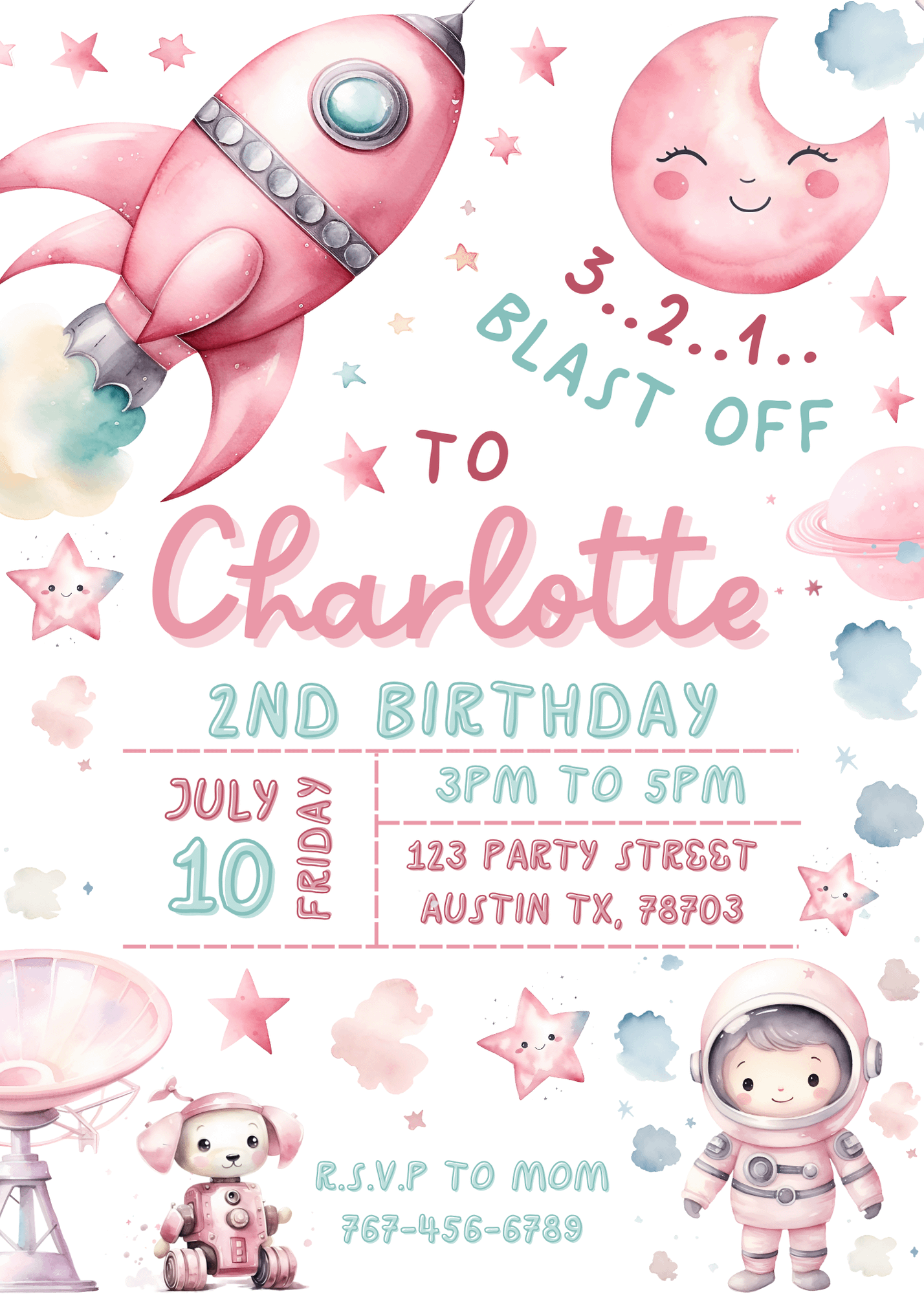 Digital Stellar Space Explorer Birthday Invitation- Canva - Astronaut Girl product image (2)