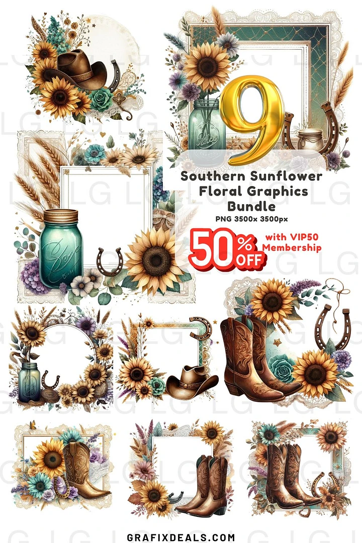 RUSTIC Western Cowgirl Graphics Bundle - Southern Sunflowers Commercial POD Use Clipart product image (1)