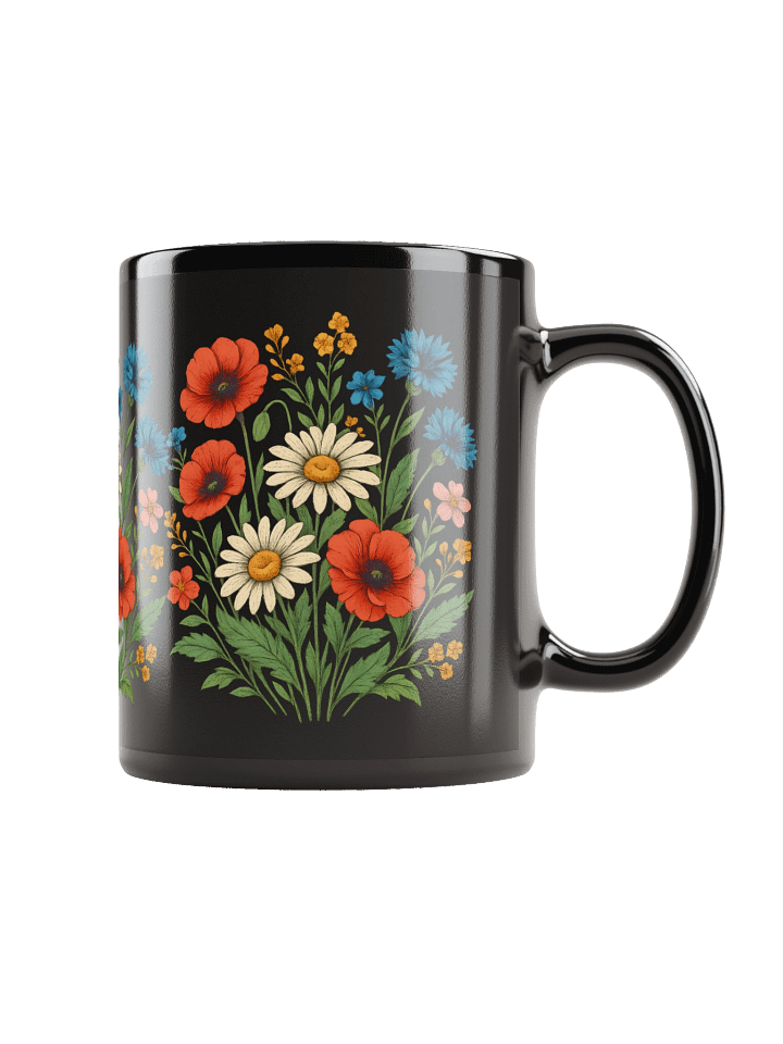 Wildflower Floral Black Mug – Cottagecore Botanical Coffee Cup with Daisies, Poppies & Cornflowers product image (1)