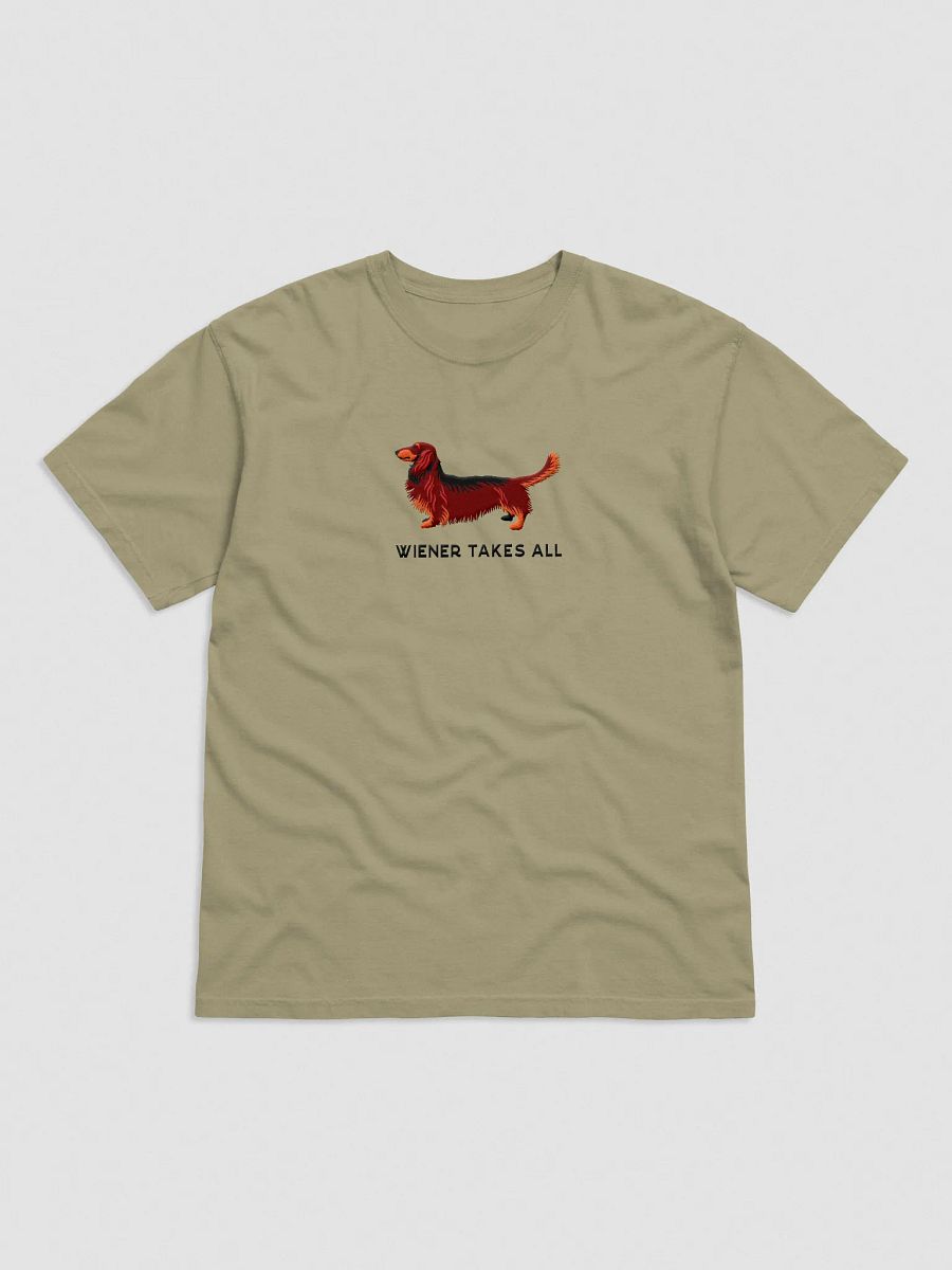 Wiener Takes All T-Shirt(Embroidered) of a Longhaired Dachshund(Red & Tan) product image (3)
