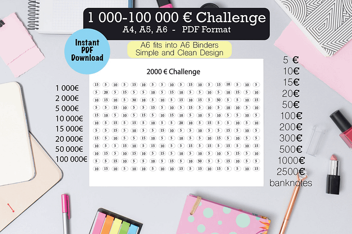 2000 Euro Challenge, 1000 Euro Challenge, Sparhilfe, Bundle, Sofortdruck, Sparchallenge, Instant Download Set, A5, A6 Planer Einlagen,Sparen product image (1)