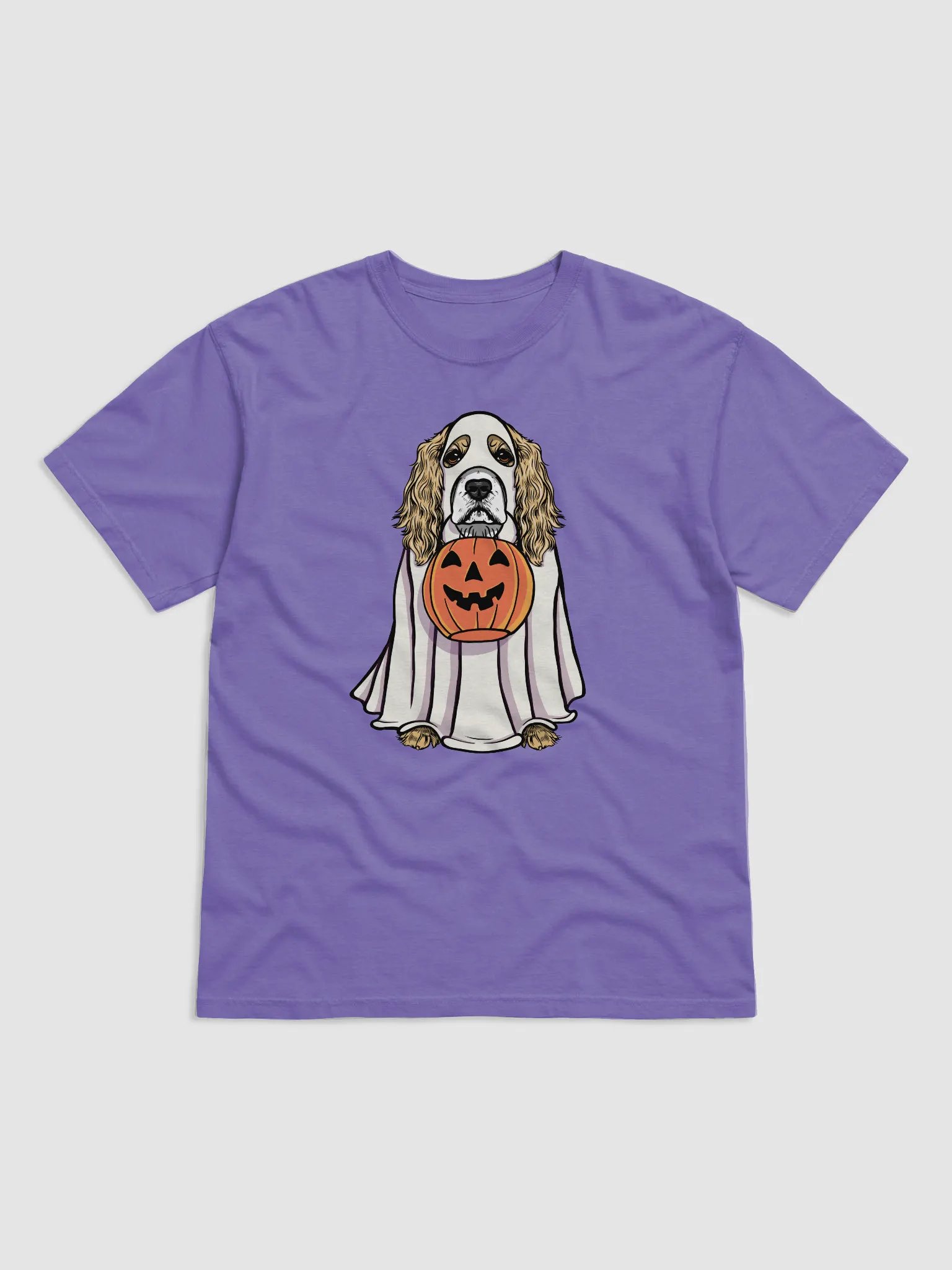 Funny Halloween Cocker Spaniel(Lemon) T-Shirt | Funny Cocker Spaniel Wearing a Ghost Costume and Holding a Pumpkin Basket product image (27)