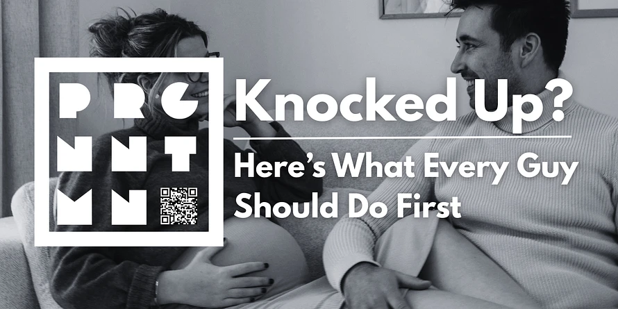 Expecting couple smiling on couch, pregnant woman holding belly while man laughs beside her. Text overlay reads: 'Knocked Up? Here's What Every Guy Should Do First.' Branded logo for 'Pregnant Men' guide with QR code. Ideal blog header for first-time dads-to-be looking for pregnancy advice and support.