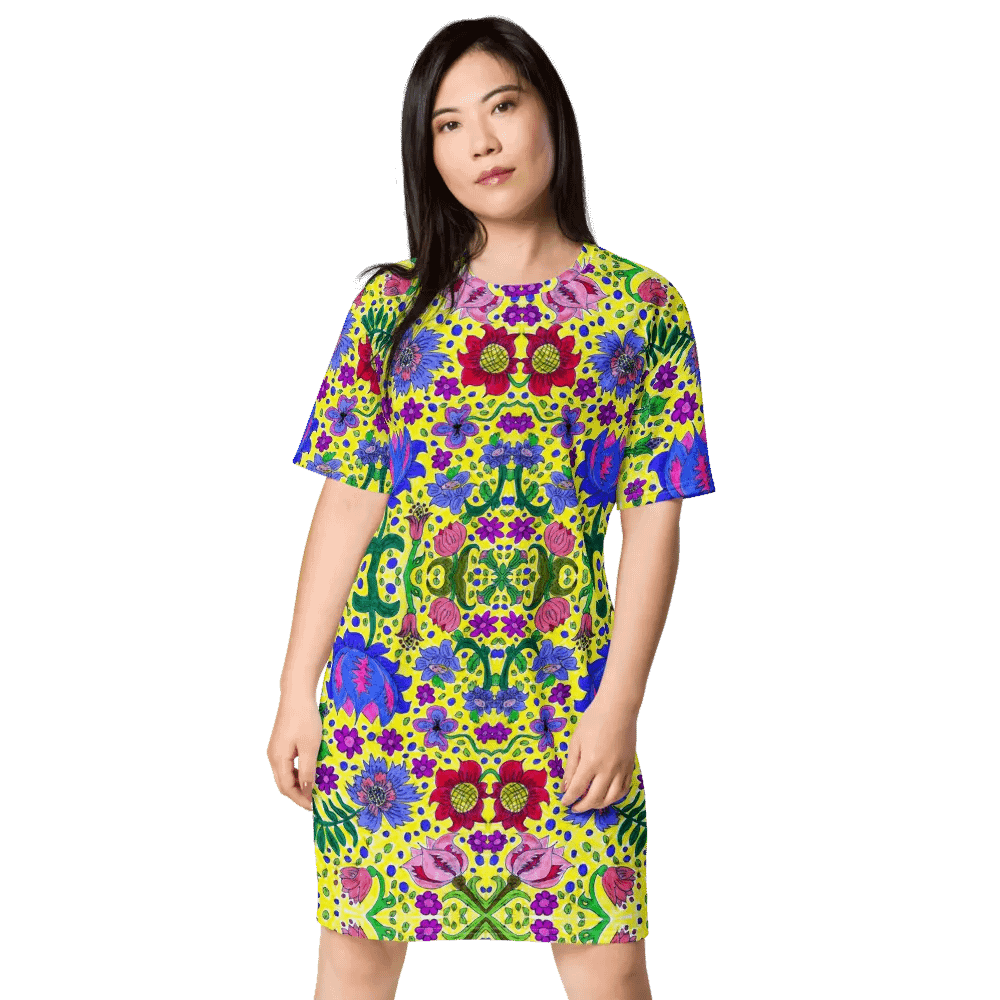 Abstract Vibrant Flower Garden Ladies T Shirt Dress product image (1)