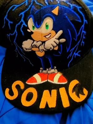 Follow @veta_llc on Instagram for more customs, and DM for custom orders #customhat #custom #customjacket #customshoes #custommade #sonic #sonichat #sonicthehedgehog #sonic2 #customclothing