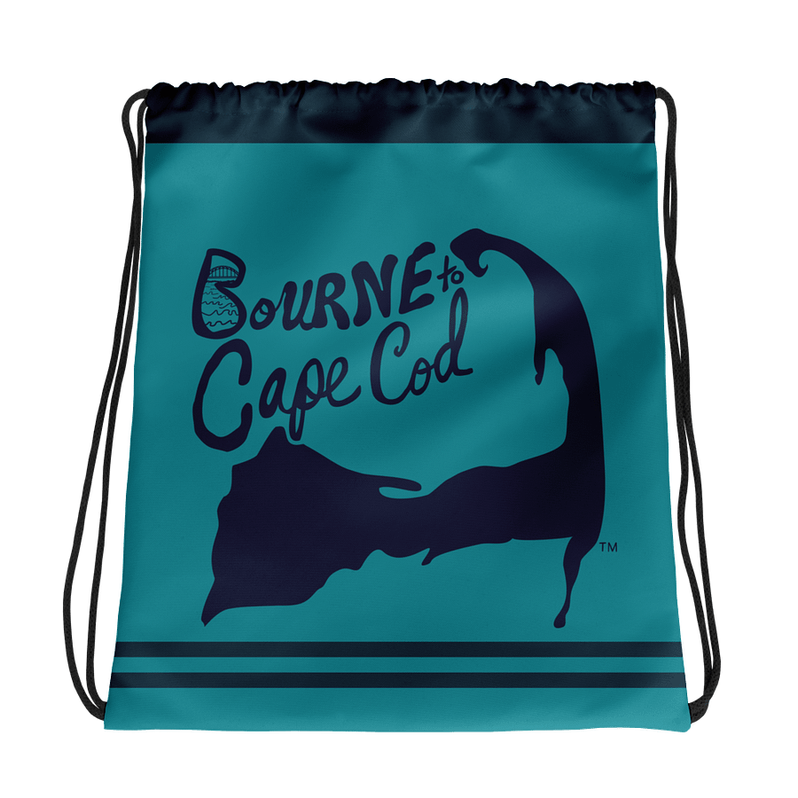 BOURNE to Cape Cod™ | Drawstring Bag | Beach-to-Gym Grab & Go | Coastal Vibe Sackpack Essential | Navy Blue Logo on Blue Stripes product image (1)