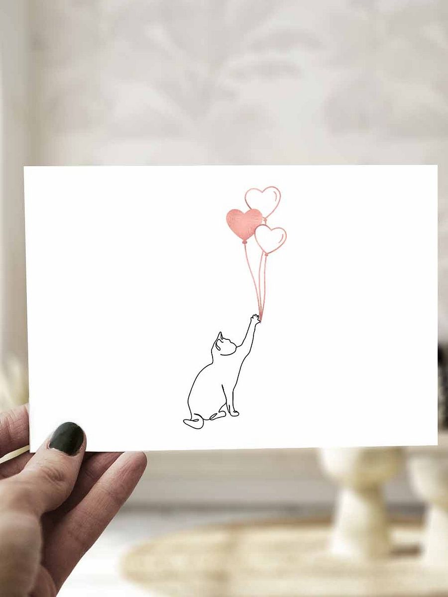 Minimalist Valentine Card Couple's Cat and Heart Balloons product image (1)