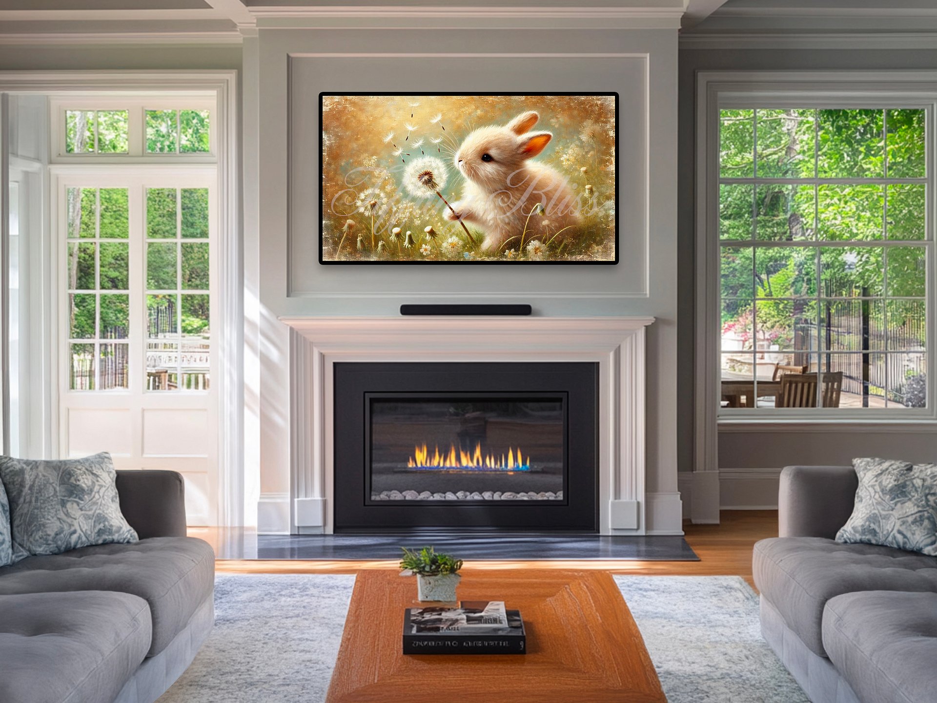 Samsung Frame TV Art, Neutral Spring Easter Bunny Dandelion Painting, Digital Download product image (3)