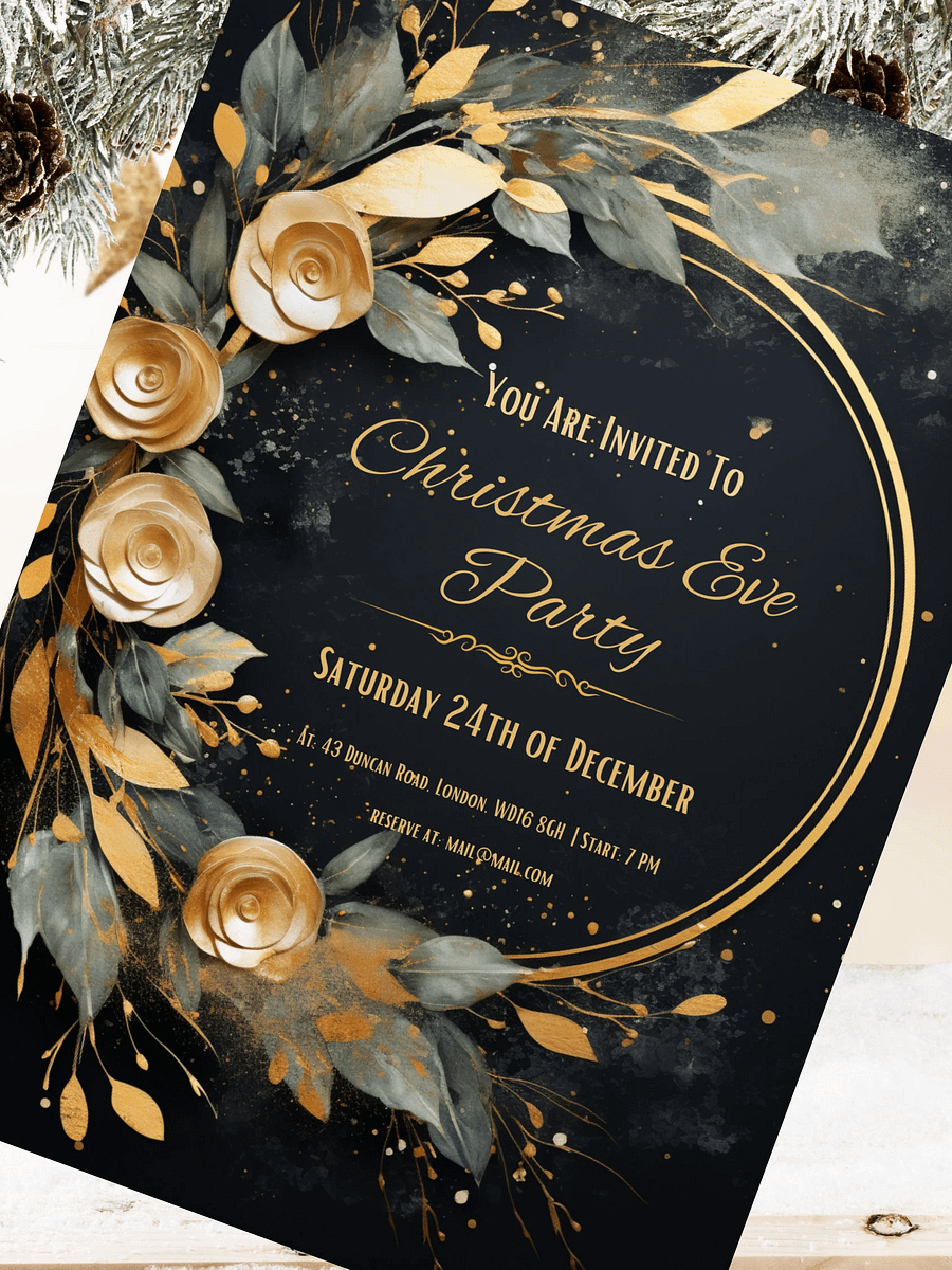 3D Golden Roses Christmas Eve Party Invitation | Editable in Canva | Christmas Party Printable | Holiday Invitation Template | Link to Canva product image (6)