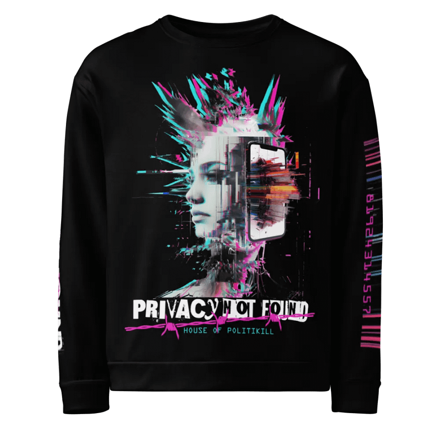 CYBERPUNK GLITCH PUNK UNISEX SWEATSHIRT - PRIVACY NOT FOUND, ANARCHIST DYSTOPIAN STREETWEAR product image (1)