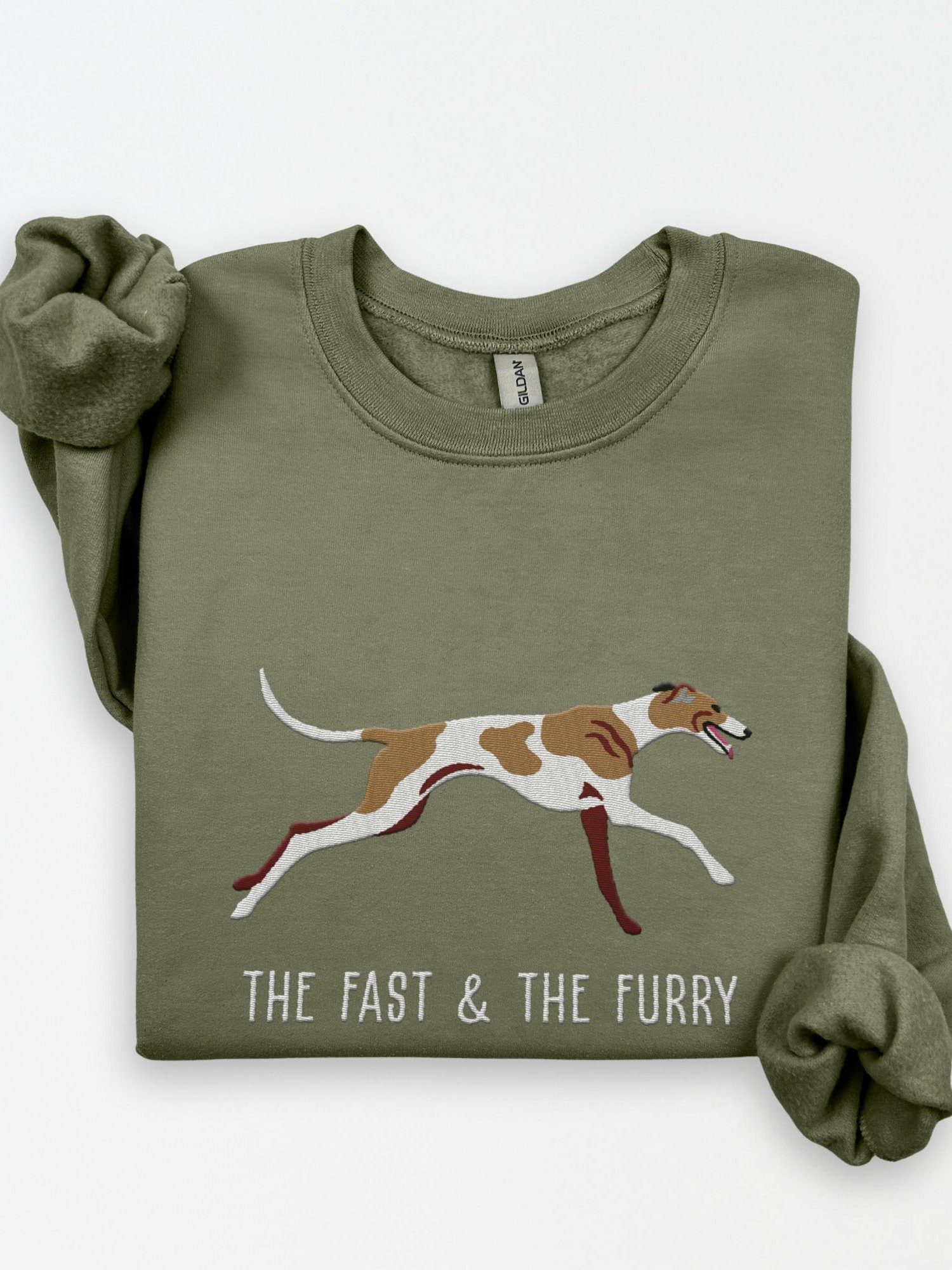 The Fast & The Furry Sweatshirt (Embroidered) of a Greyhound(Brown & White) product image (1)