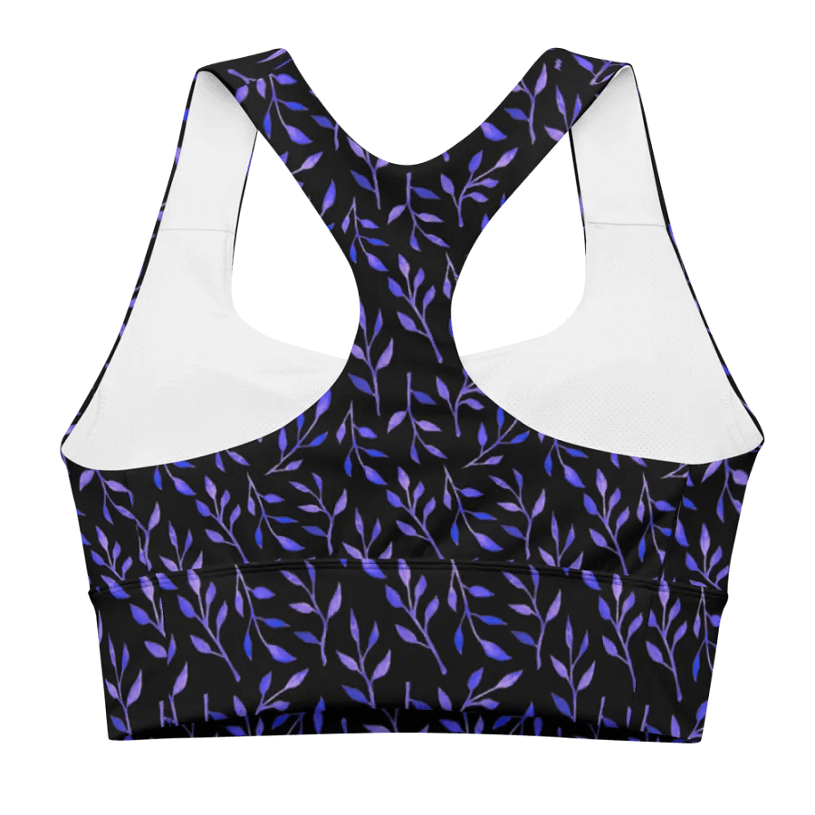 All over print sports bra  blue watercolour leafy design on black background product image (12)
