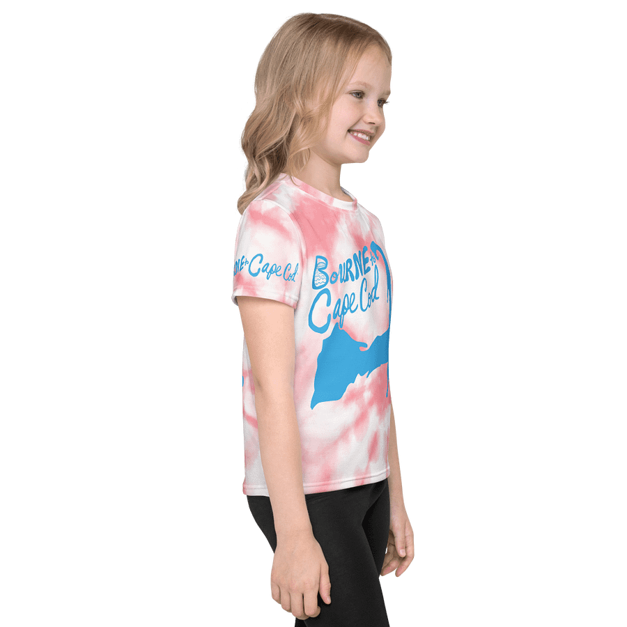 Girls' | Little Kids T-Shirt | BOURNE to Cape Cod™ | Front & Sleeve Logo | BRN.2C.C.™ Back Graphic | Vibrant Coastal Tee for Kids | Blue Logo on Pink Tie-Dye product image (4)