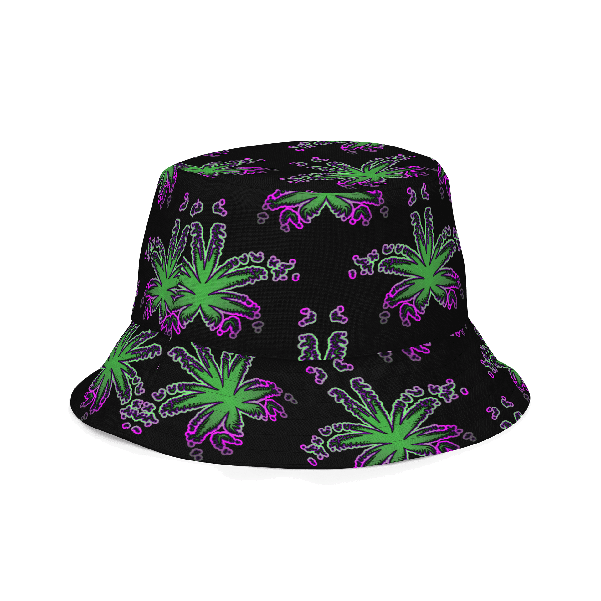 Twisted Weed Leaf Pattern Bucket Hat, Summer Stoner Style Accessory, Green Purple Black Cannabis Fashion product image (5)