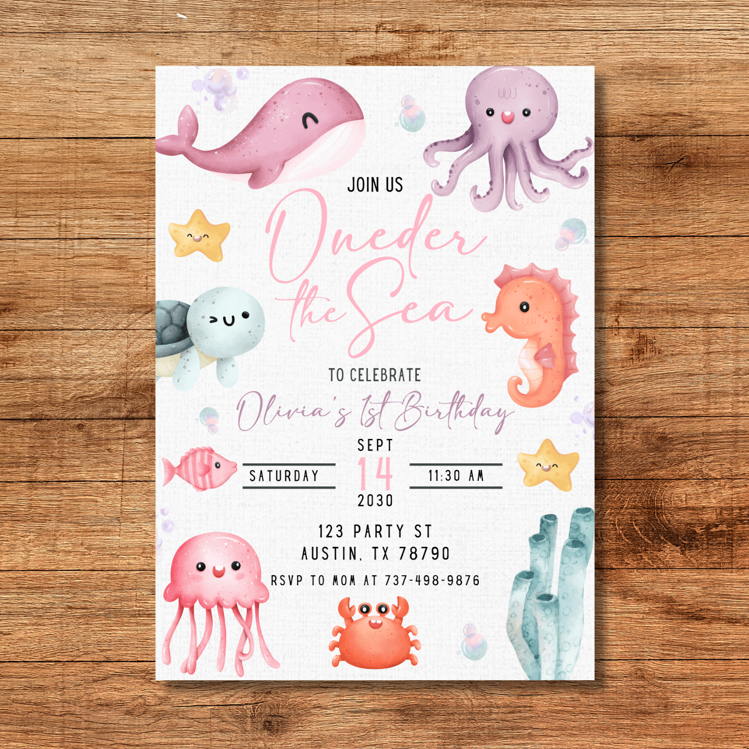 Oneder the Sea Birthday Invitation | Girl 1st Birthday Party Under the Sea | Editable Canva Template | Ocean Mermaid Sea Animals Theme product image (10)
