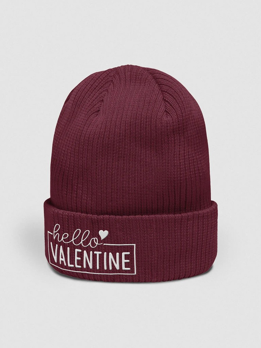 Hello Valentine Embroidered Organic Cotton Ribbed Beanie (White Text) product image (2)