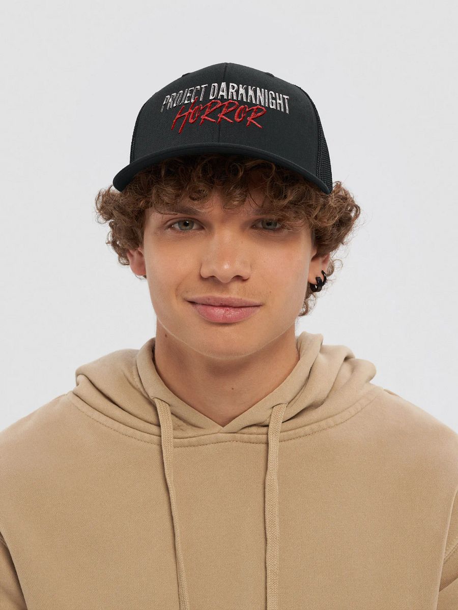 PDKH Embroidered Trucker Hat (unisex snapback, white & red letters) product image (5)