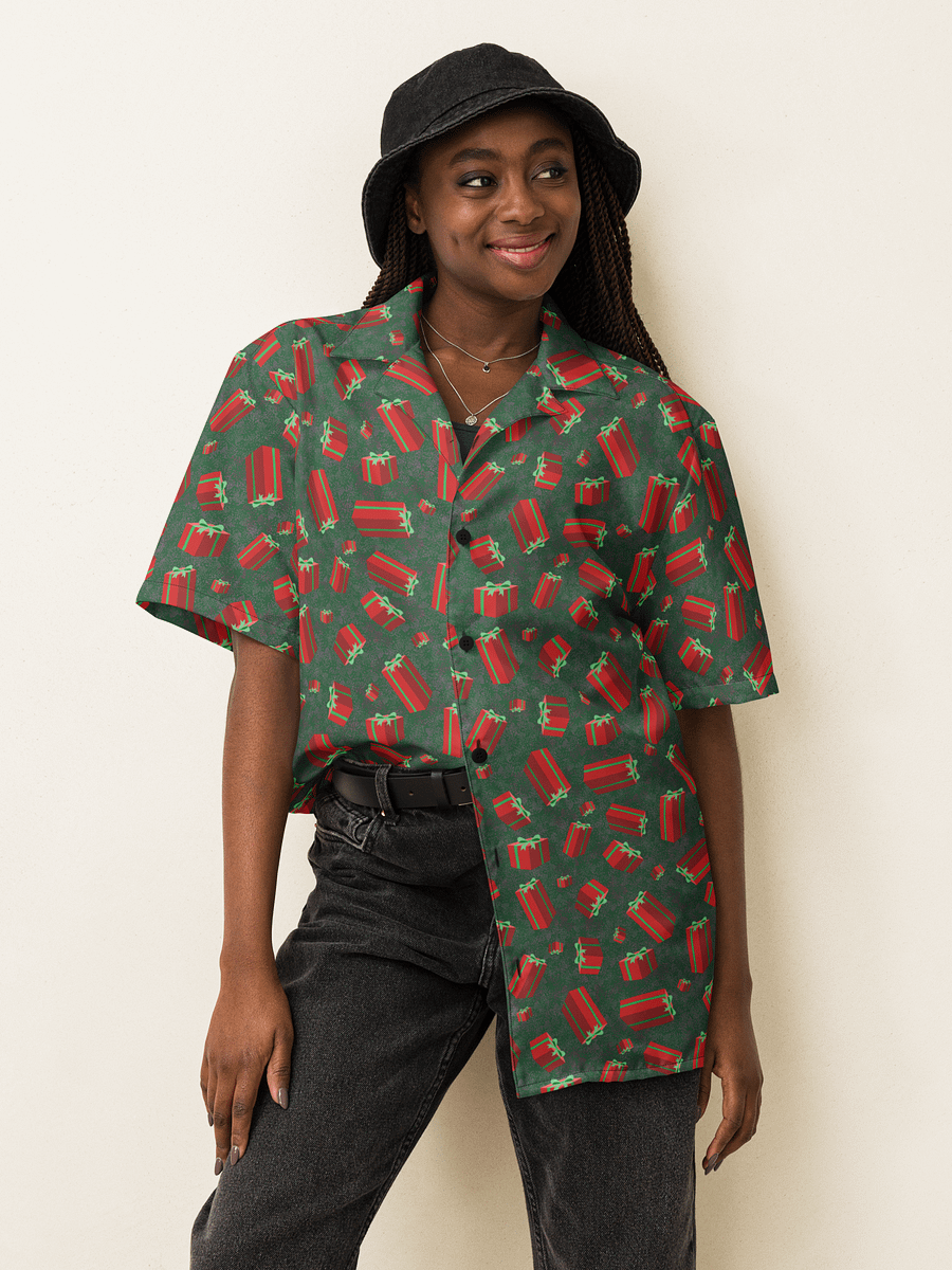 Floating Red Presents on Teal Green Oversized Button-Down Shirt product image (10)