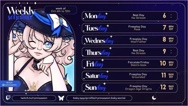 🌟Weekly Schedule🌟 Week of Oct 6th to the 12th Added a spooky rpg game in this week for funsies, what's your favorite horror game? https://www.twitch.tv/rynnaaeon #vtuber #stream #twitch #funny #twitch #twitchstreamer #streamschedule