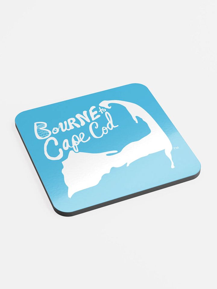 BOURNE to Cape Cod™ | Coastal Coaster | Glossed Cork | Eco-Friendly | Minimalist Coastal Decor | 3.74" Square | White Logo on Deep Sky Blue product image (2)