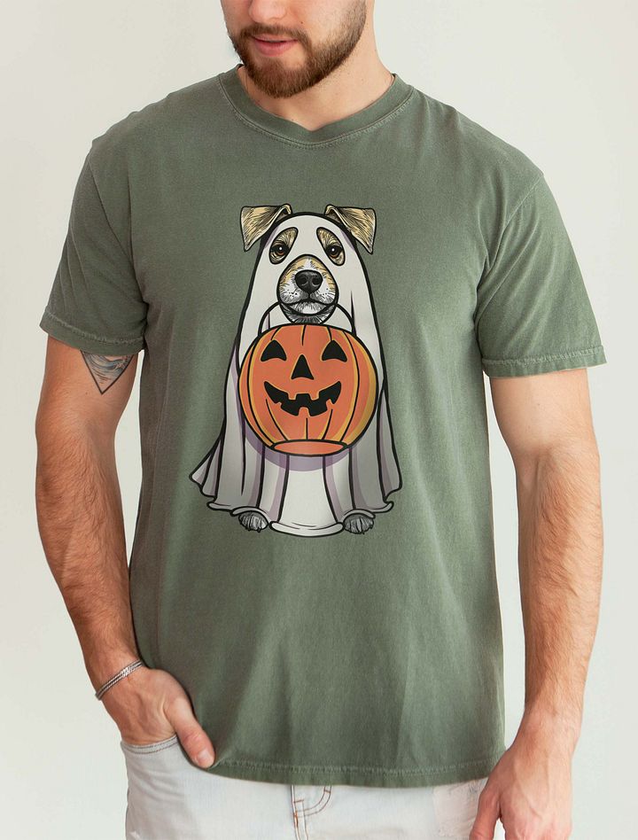 Funny Halloween Jack Russell Terrier(Lemon) T-Shirt | Funny JRT Wearing a Ghost Costume and Holding a Pumpkin Basket product image (9)