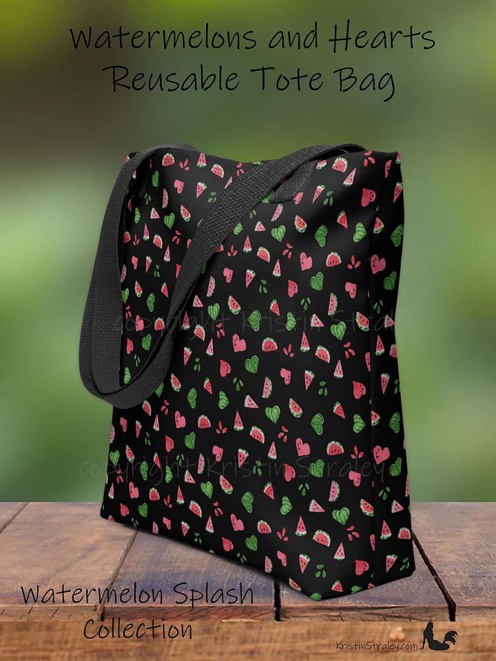 Tossed Watermelons and Hearts on Black Reusable Tote Bag product image (1)