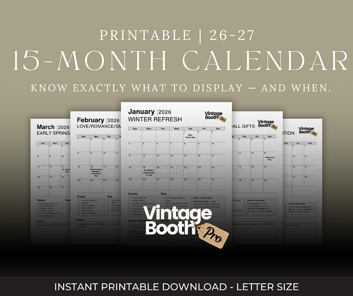 15-Month Vintage Booth Owner Calendar | Printable Vendor Planner | Antique Booth Seller Planner | Seasonal Trends | Digital Download PDF product image (1)