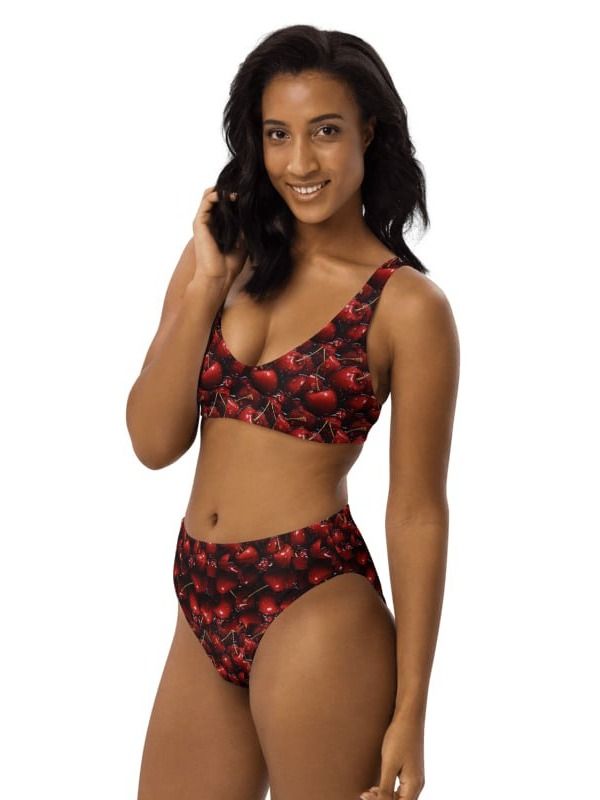 🍓🖤 Black Strawberry Print Recycled High-Waisted Bikini – Sweet & Bold product image (3)