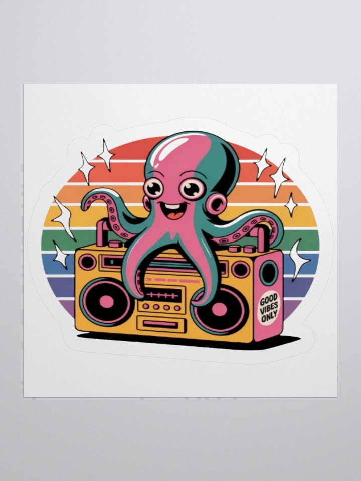 Retro 80s Octopus on Boombox Sticker - Good Vibes Only - Vibrant Rainbow Design product image (2)