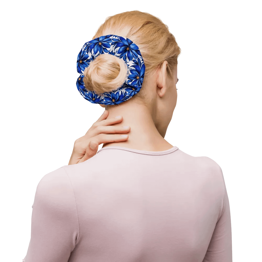 Hair Scrunchie - Painted Blue Flowers on White product image (10)