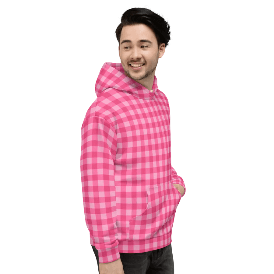 Bright Pink Checkered Plaid Hoodie product image (5)