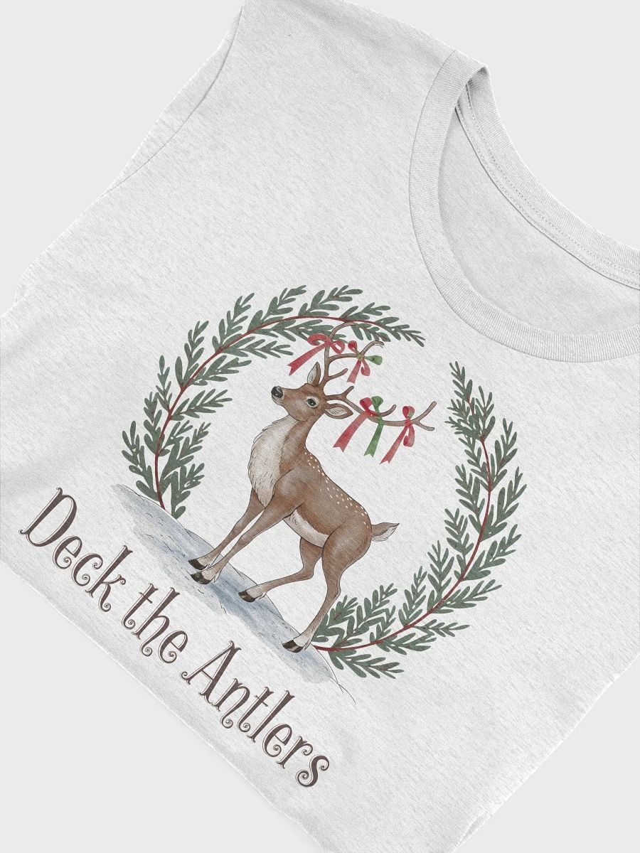 “Deck the Antlers” t-shirt, Holiday-themed t-shirt, Whimsical deer graphic tee, Festive winter apparel, Charming Christmas design, Cozy holiday outfit, Unique gifts for animal lovers, gift idea product image (5)