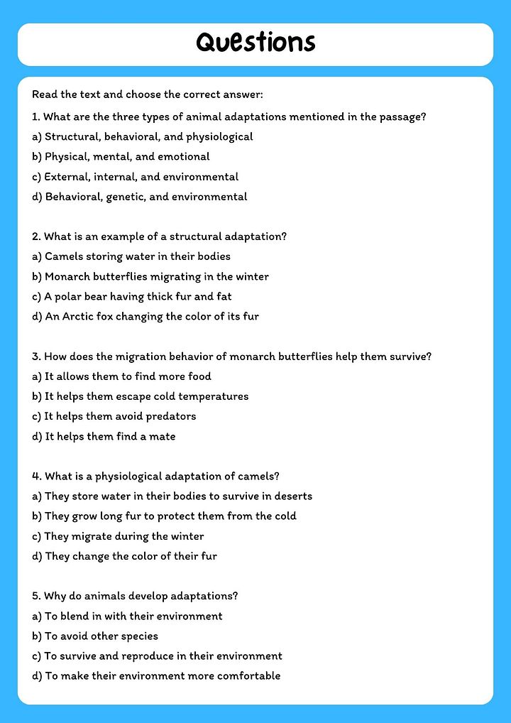 Animal Adaptation Reading Passage with Comprehension Questions product image (2)