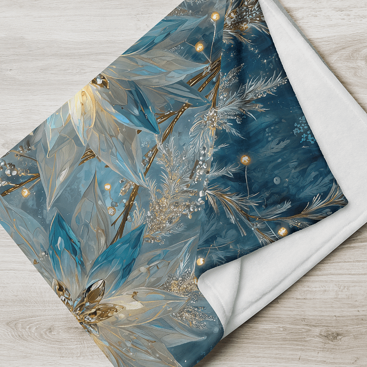 Winter Poinsettia Fleece Throw Blanket | Icy Blue & Gold Botanical Decor product image (2)