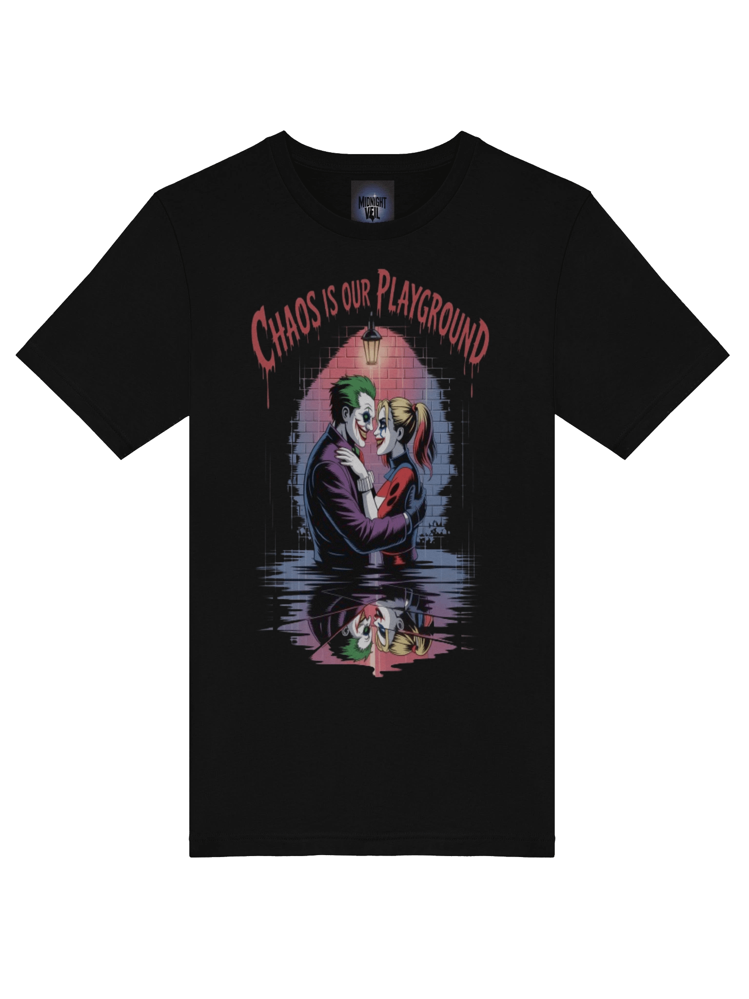 Chaos is Our Playground: Joker & Harley Quinn's Sinister Embrace Graphic Tee product image (7)