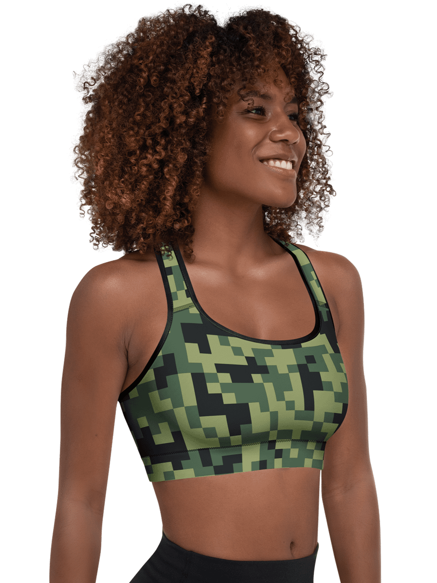 Military Green Camouflage Pixels Camo Pattern Padded Sports Bra product image (3)