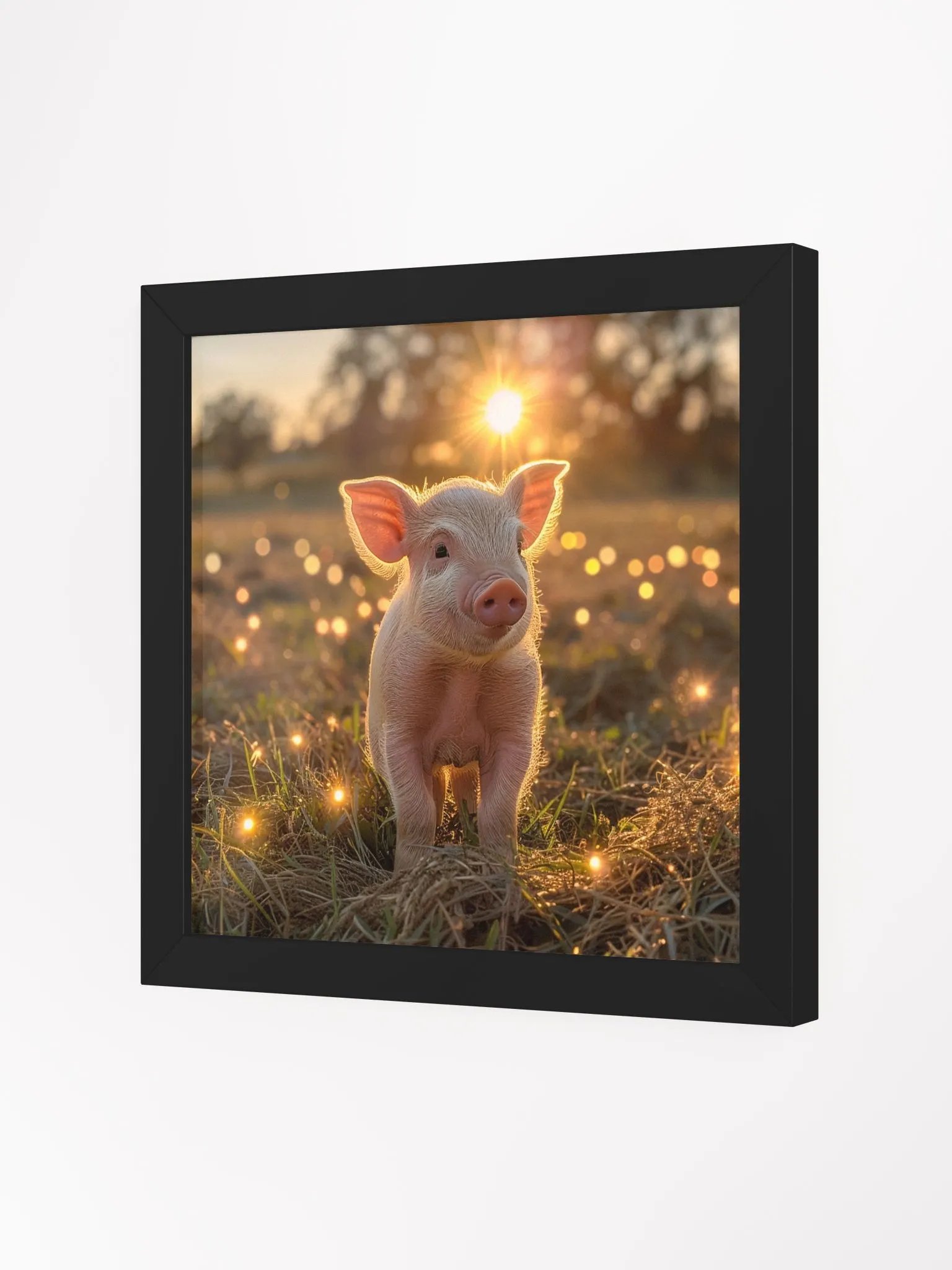 Cute Baby Pig In a Field of Fairy Lights Framed Wall Art product image (2)