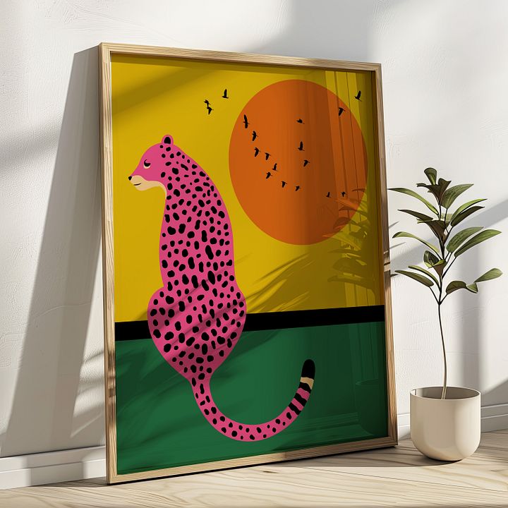 Pink Leopard with Sunset Scenery Colorful Art Print product image (1)