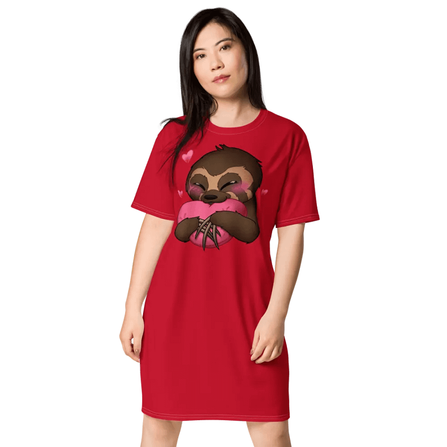 Red Blushing Sloth Love T-Shirt Dress product image (1)