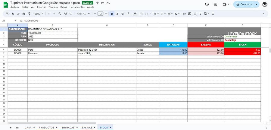 Inventario con entradas, salidas y stock en Google Sheets product image (2)