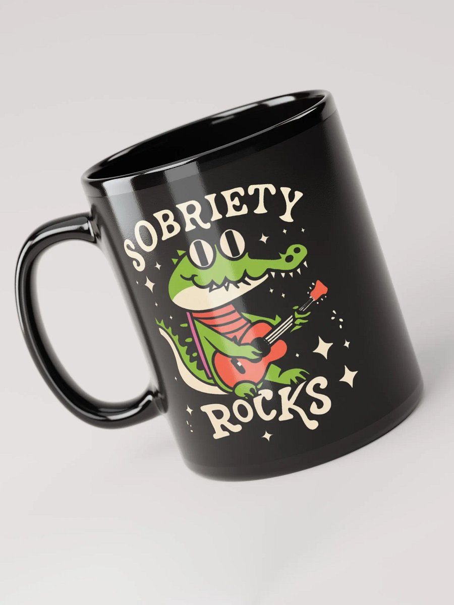Sobriety Rocks Retro Crocodile Playing Guitar Black Mug product image (3)