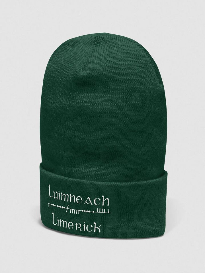 Limerick/Luimneach Scholastic style Ogham, green with white, embroidered Cuffed Beanie product image (2)