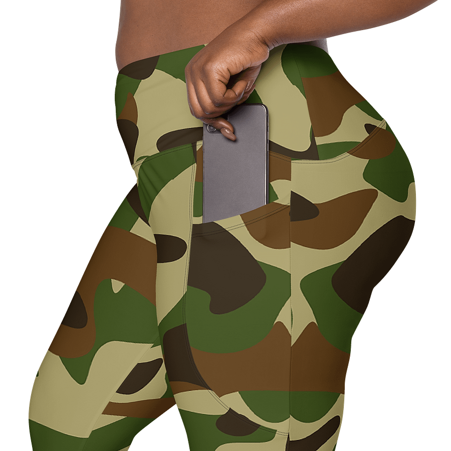 Woodland Green Army Camouflage Military Camo Pattern Crossover Leggings with Pockets product image (7)
