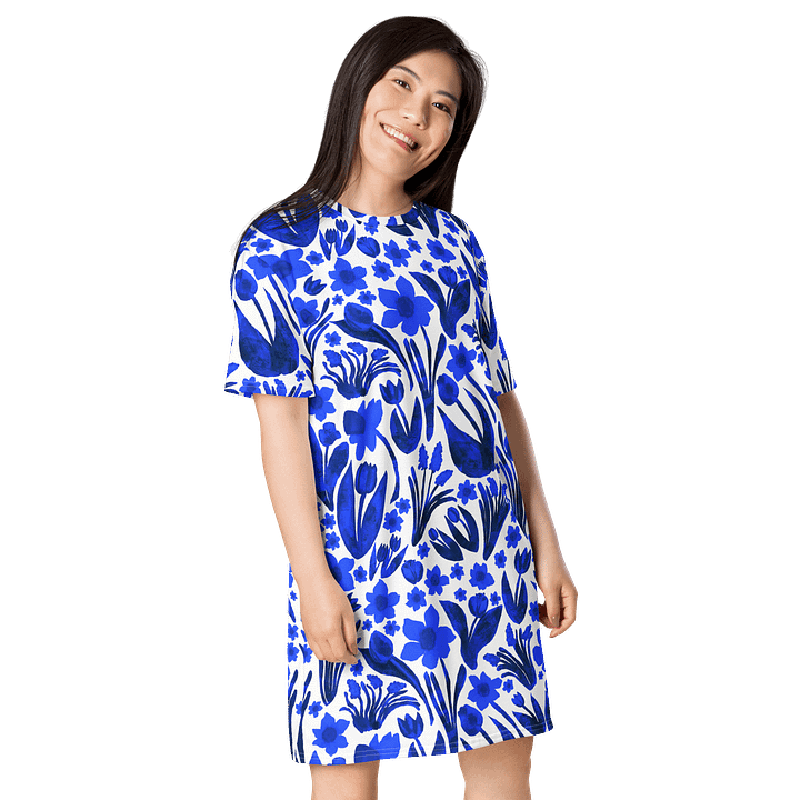 Spring Garden | Royal Blue Florals on White | T-Shirt Dress by Monique Faella Designs™ product image (1)
