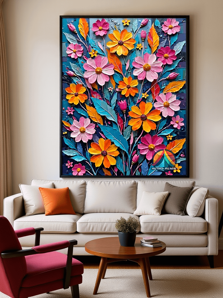 Electric Garden – Bold Retro Floral Wall Art with Neon Botanical and Textured Petals product image (2)