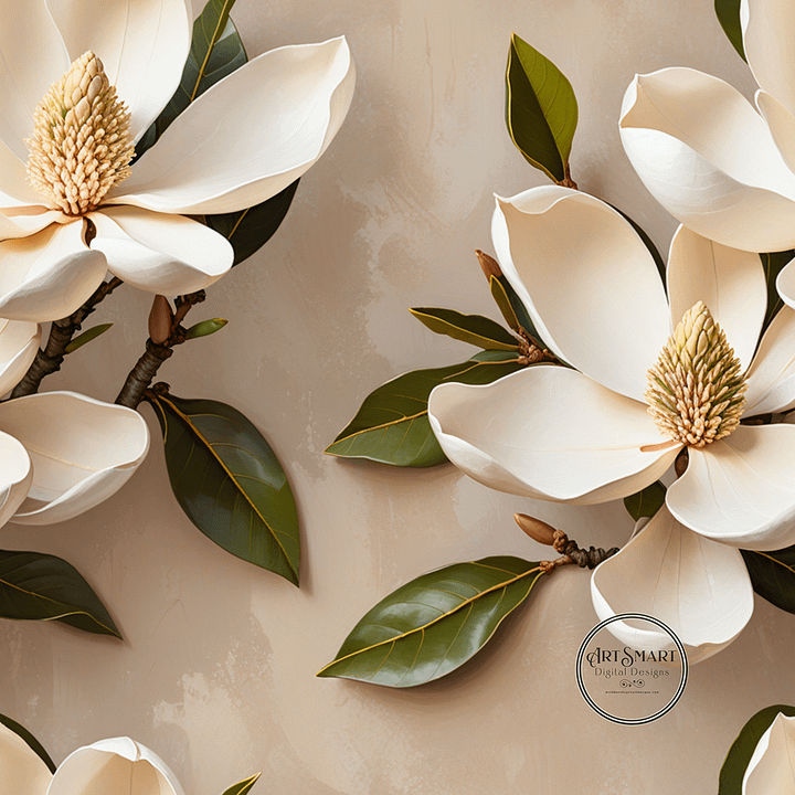 Seamless Pattern - Magnolia Pattern 2 on Beige Background product image (1)
