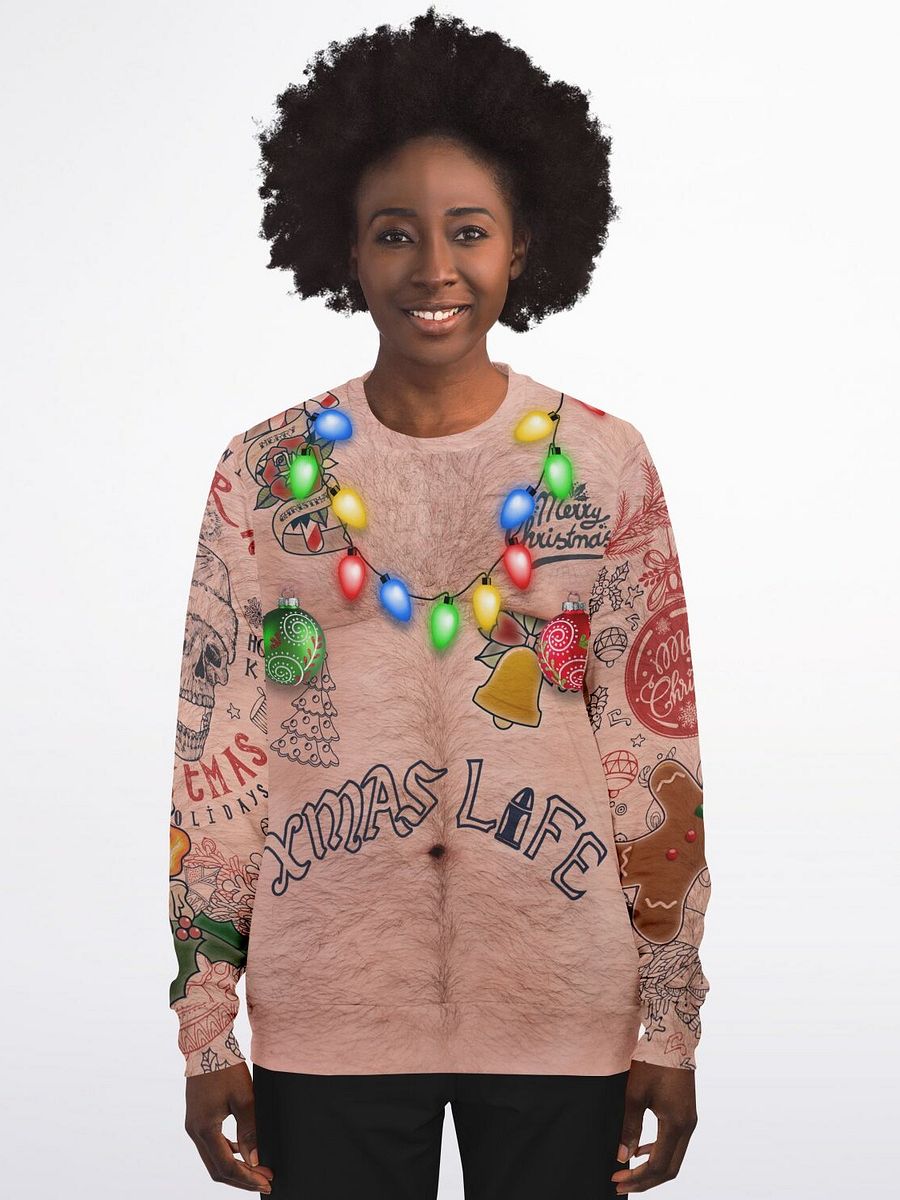 Xmas Life Tattoo Christmas Sweater - Hairy Chest Funny Holiday Sweatshirt - Alternative Santa Skull Design with LED String Lights (Unisex) product image (5)