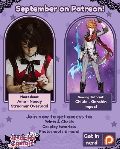 We back this month bby 💖 for September we got an Ame photoshoot from NSO, and Childe WIP from Genshin! This costume is for @k...