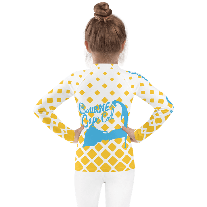 Girls' | Kids | Rash Guard | BRN.2C.C.™ Front Print | BOURNE to Cape Cod™ Back & Sleeve Logo | Coastal UV Shirt for Active Kids | Slim Fit Swim Top | Blue Logo on Retro Mod Yellow Diamonds product image (2)