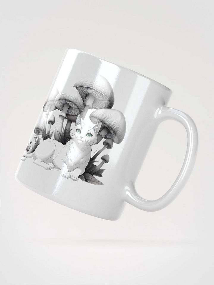 Black Cat and White Cat Resting Under Giant Mushrooms White Glossy Ceramic Mug product image (2)